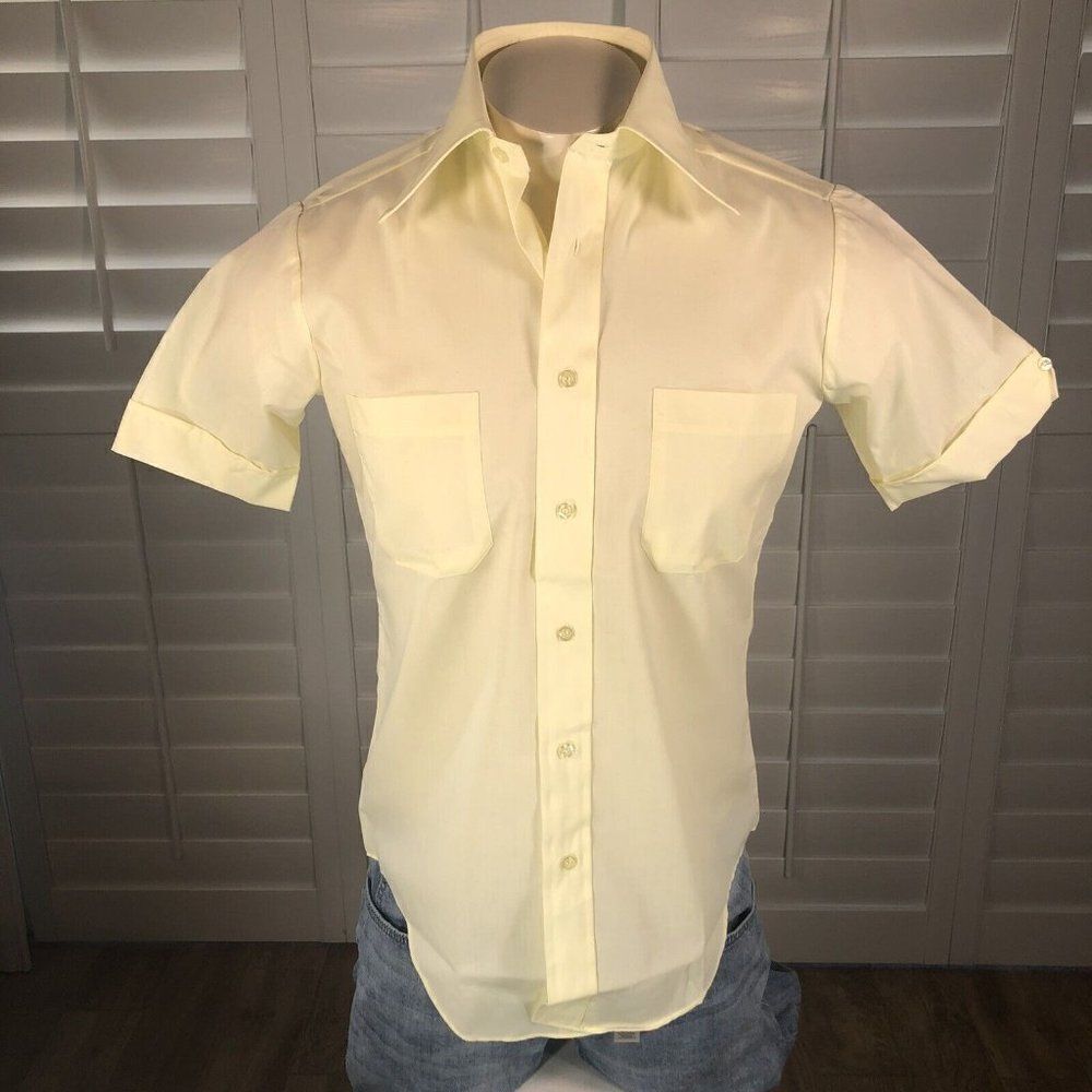 Vtg Monte Carlo Men's Casual Shirt 14.5 S Yellow Spread Collar 70s Disco Costume